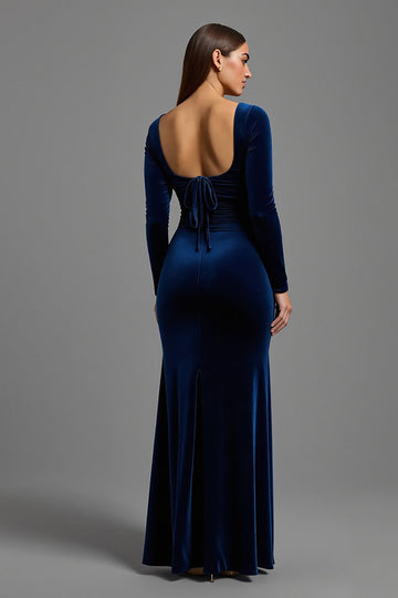 Velvet Sheath Long Sleeve Navy Formal Dress